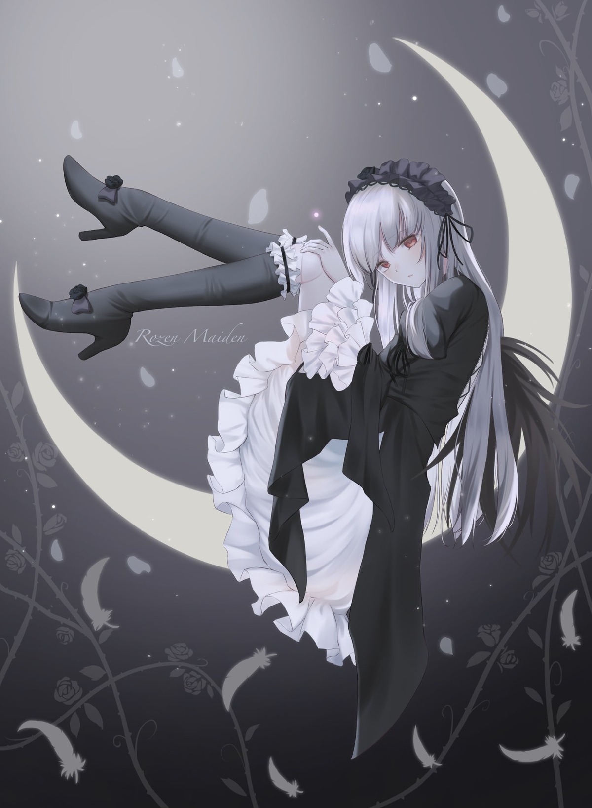 1girl bangs black_dress black_feathers black_footwear black_hairband black_ribbon black_wings boots brown_eyes closed_mouth dress eyebrows_visible_through_hair feathers flower frills full_body gothic gothic_lolita grey hairband high_heel_boots high_heels knee_boots legs_up long_hair long_sleeves looking_at_viewer moon petals red_eyes ribbon rose rozen_maiden silver_hair sitting solo suigintou very_long_hair wings