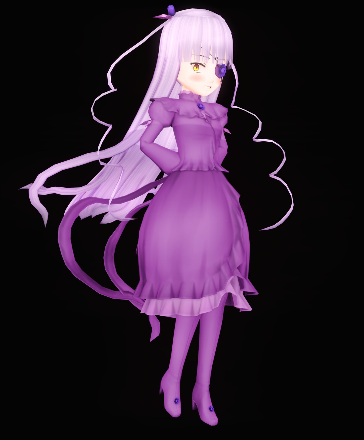 1girl barasuishou blunt_bangs dress eyepatch full_body image long_hair purple_dress solo very_long_hair yellow_eyes