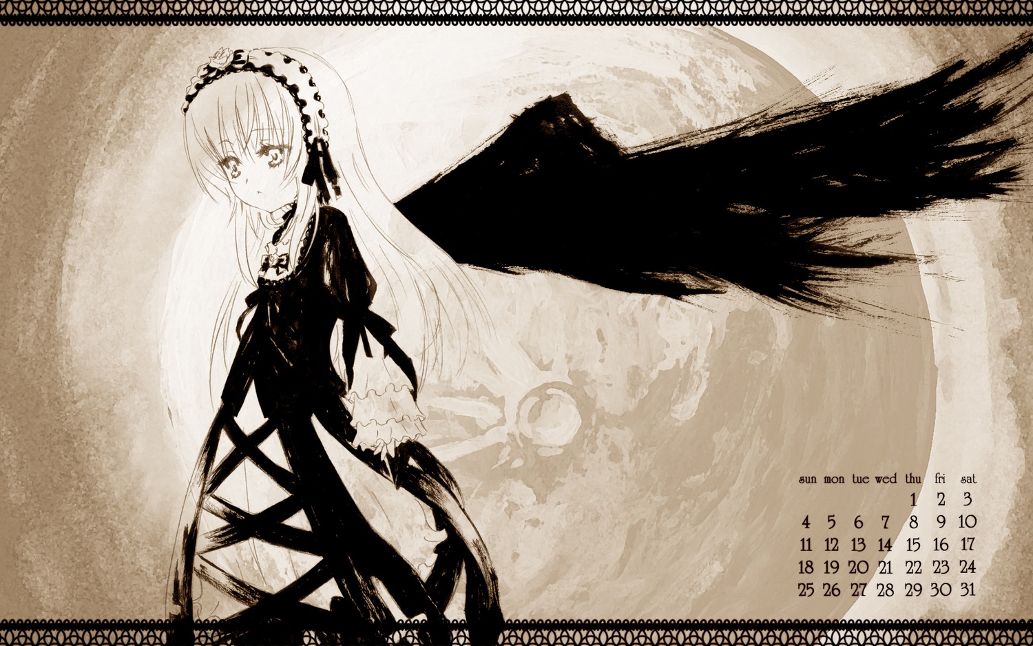1girl black_wings blush dress flower frills hairband image long_hair long_sleeves looking_at_viewer monochrome ribbon solo standing suigintou very_long_hair wings