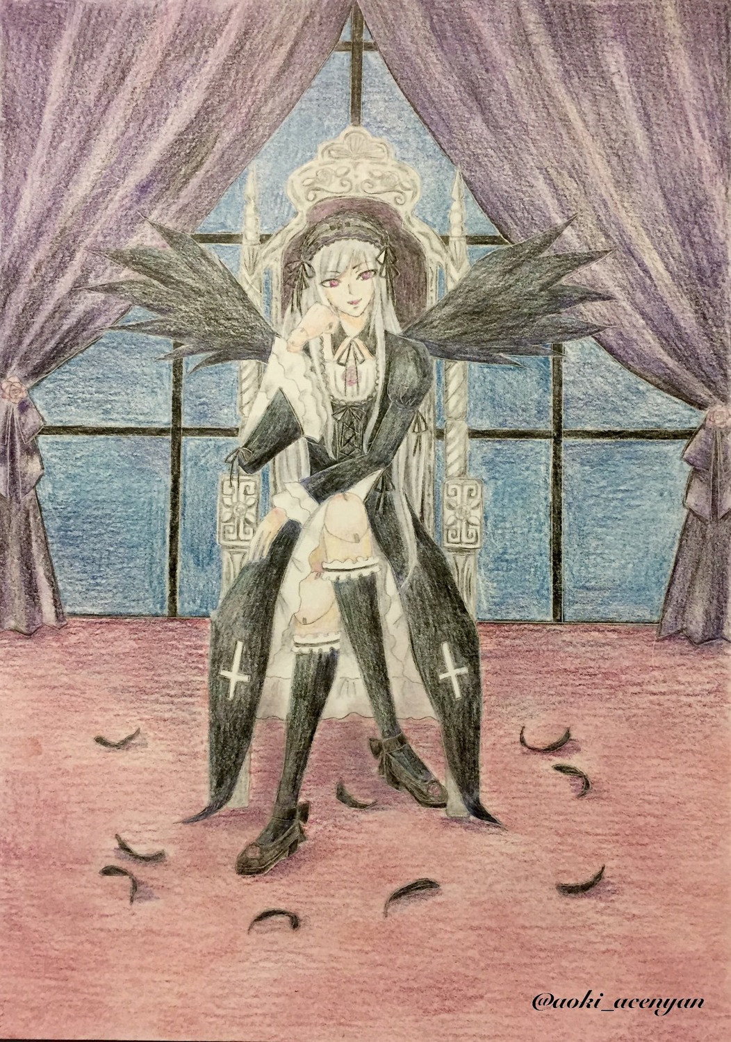 1girl bird black_wings boots curtains feathered_wings feathers image indoors long_sleeves looking_at_viewer red_eyes sitting solo suigintou window wings