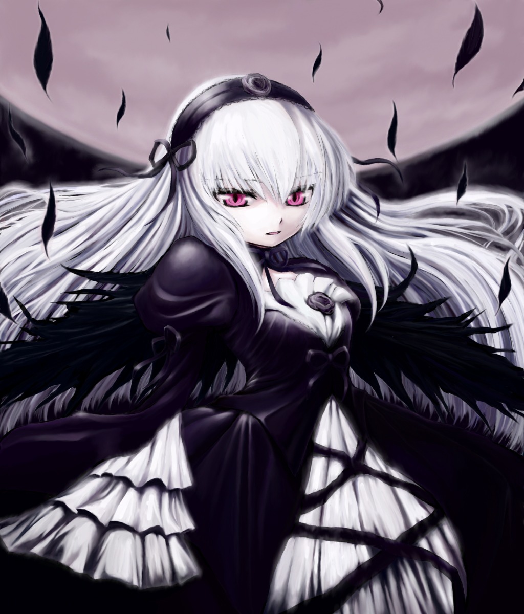 1girl black_wings dress feathers flower frilled_sleeves frills hairband highres image iseki_(kuroshura_no_tabiji) juliet_sleeves lolita_hairband long_hair long_sleeves looking_at_viewer moon pale_skin petals pink_eyes puffy_sleeves purple_eyes rose rozen_maiden solo suigintou very_long_hair white_hair wings