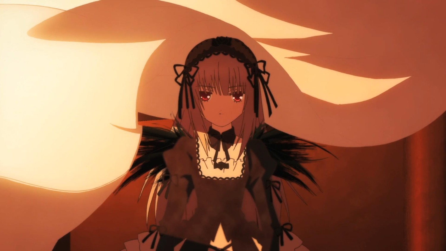 1girl bangs black_dress black_ribbon black_wings closed_mouth dress eyebrows_visible_through_hair frills hairband image juliet_sleeves lolita_hairband long_hair long_sleeves looking_at_viewer puffy_sleeves ribbon solo suigintou wings