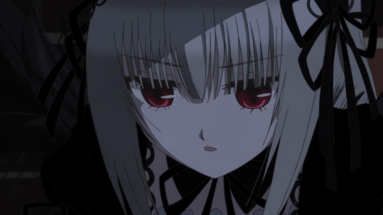 1girl bangs black_ribbon dress eyebrows_visible_through_hair hair_ribbon image long_hair looking_at_viewer red_eyes ribbon smile solo suigintou