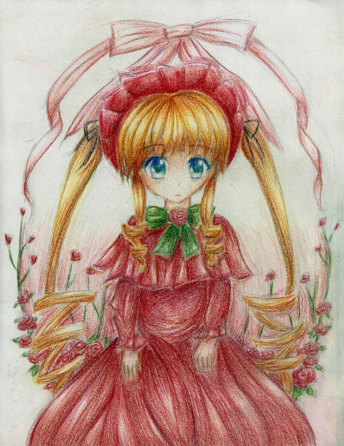1girl blonde_hair blue_eyes bonnet bow bowtie dress drill_hair flower green_bow green_neckwear image long_hair long_sleeves looking_at_viewer marker_(medium) red_dress red_flower red_rose rose shinku sidelocks simple_background solo standing traditional_media twintails very_long_hair