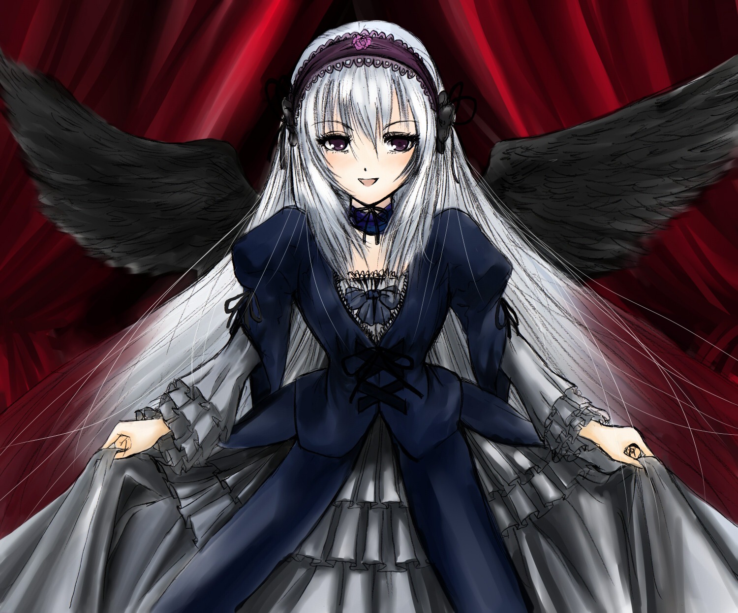 1girl :d auto_tagged black_dress black_wings clothes_grab curtains dress feathered_wings frills gothic_lolita hairband image juliet_sleeves lolita_fashion lolita_hairband long_hair long_sleeves looking_at_viewer open_mouth pink_eyes puffy_sleeves rose silver_hair skirt_hold smile solo suigintou very_long_hair wings