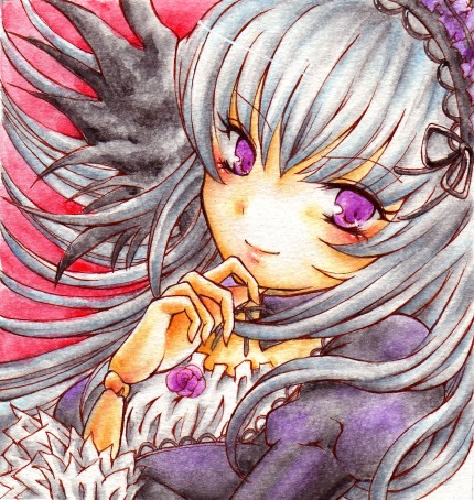 1girl auto_tagged black_wings dress flower hairband image lolita_hairband long_hair looking_at_viewer marker_(medium) purple_eyes rose shikishi silver_hair smile solo suigintou traditional_media