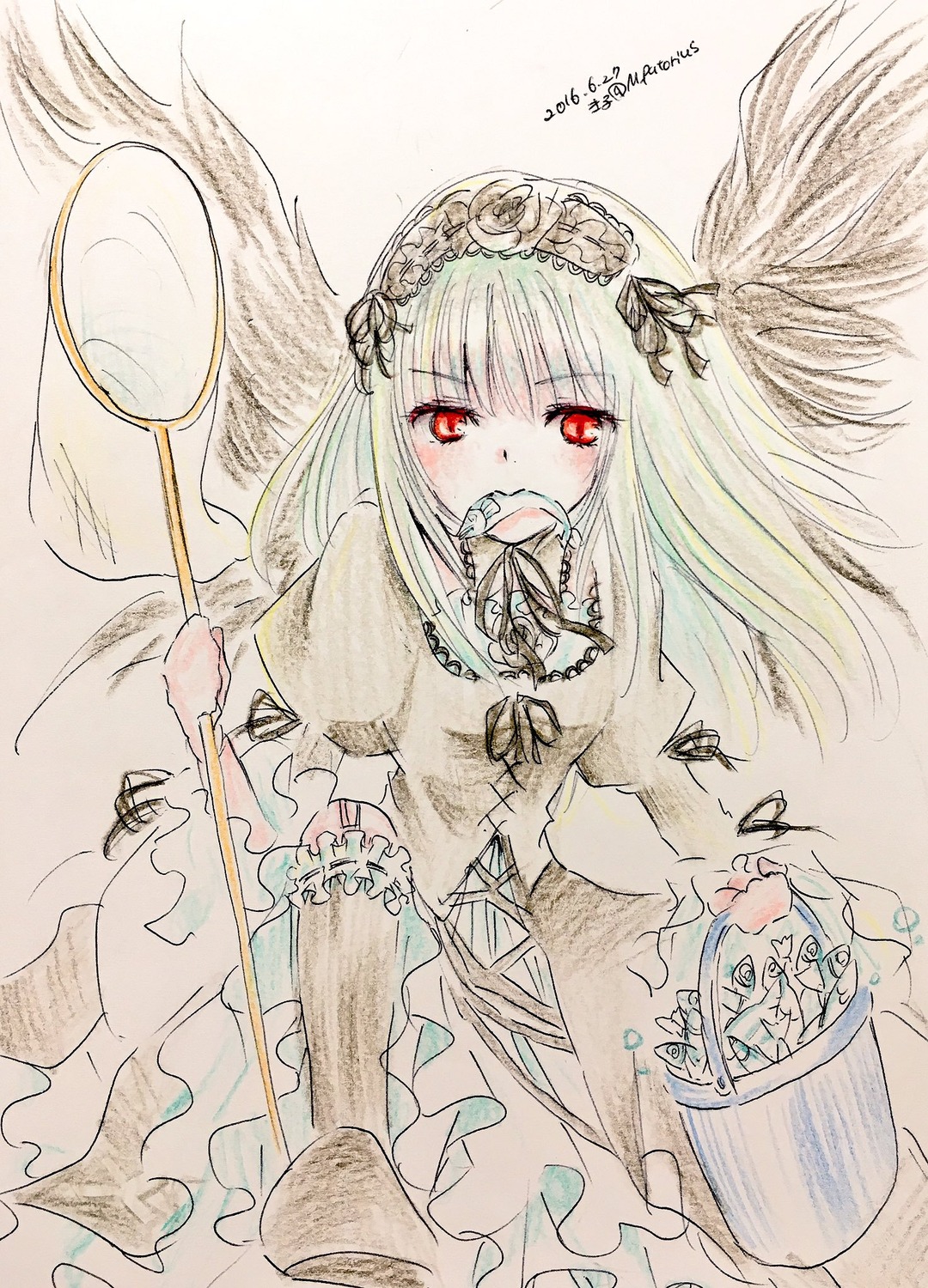 1girl bangs dress eyebrows_visible_through_hair feathers flower frills hairband image long_hair long_sleeves looking_at_viewer red_eyes ribbon rose solo suigintou wings