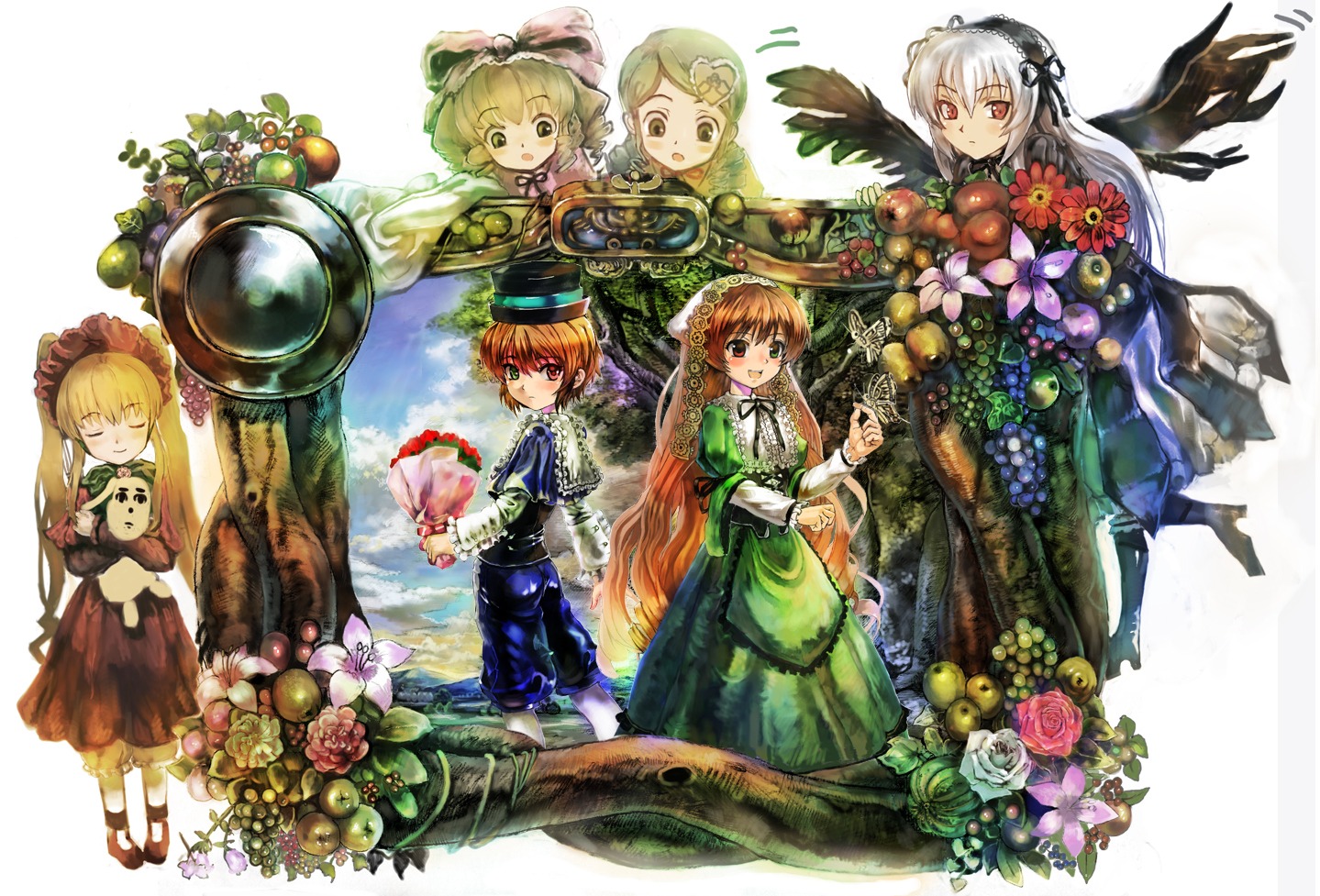 6+girls black_wings blonde_hair bonnet boots bouquet bow brown_eyes brown_hair bug butterfly commentary_request dress drill_hair flower food frills fruit green_dress green_eyes green_hair hat head_scarf heterochromia hina_ichigo image kanaria long_hair long_sleeves looking_at_viewer multiple multiple_girls purple_eyes rozen_maiden shinku short_hair siblings silver_hair sisters smile souseiseki stuffed_animal suigintou suiseiseki tagme thigh_boots thighhighs twins ultimate_asuka very_long_hair watering_can wings