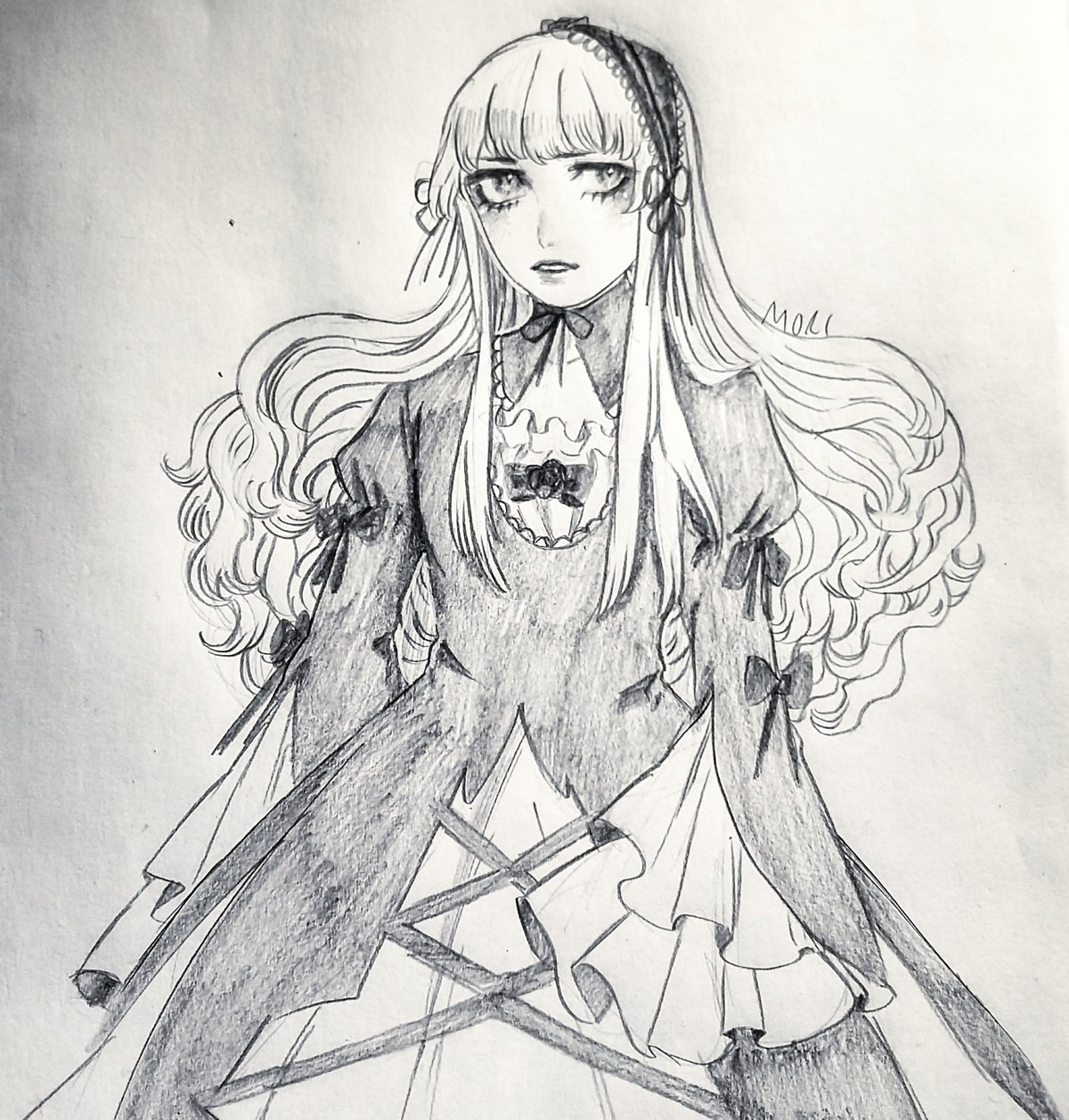 1girl bow dress frills graphite_(medium) greyscale hairband image long_hair long_sleeves monochrome solo suigintou traditional_media