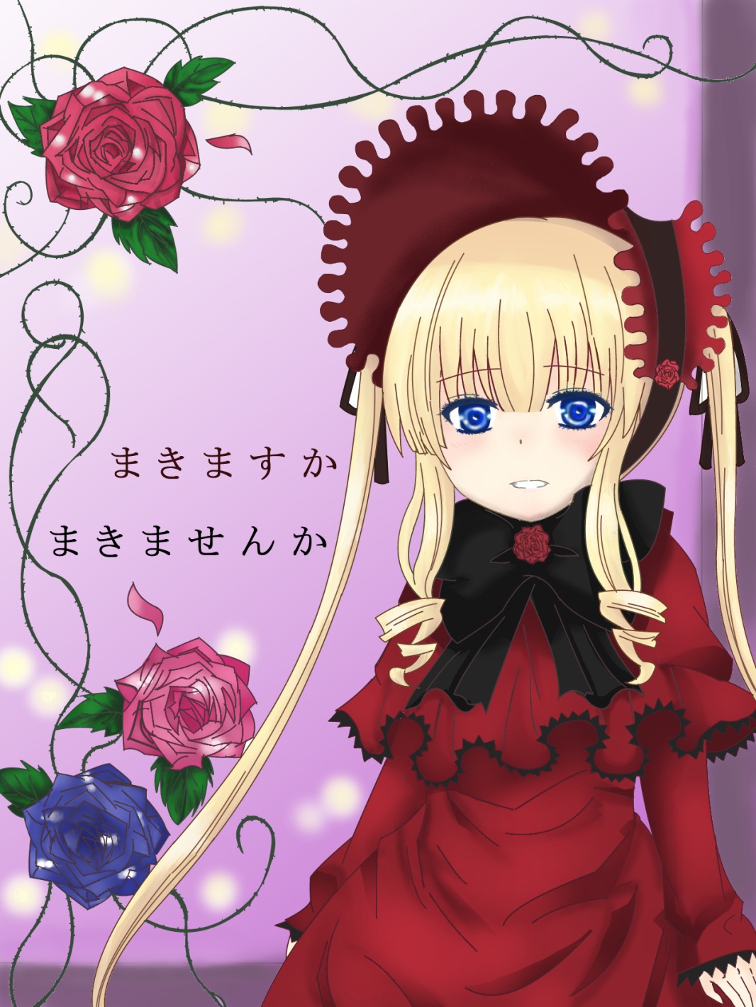 1girl blonde_hair blue_eyes blue_flower blue_rose blush bonnet bow dress drill_hair flower image long_hair long_sleeves looking_at_viewer pink_rose purple_rose red_capelet red_dress red_flower red_rose rose rose_petals shinku solo thorns twintails