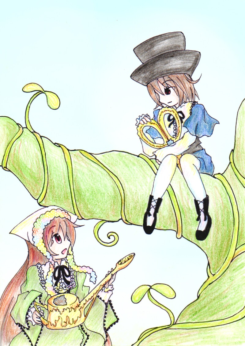 2girls bonnet brown_hair bug butterfly dress green_dress hat head_scarf image insect long_hair long_sleeves multiple_girls pair red_eyes short_hair sitting souseiseki suiseiseki top_hat white_legwear