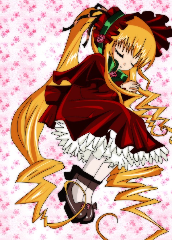 1girl blonde_hair bonnet bow closed_eyes dress flower full_body image long_hair long_sleeves pink_flower red_dress rose shinku shoes sleeping solo twintails very_long_hair