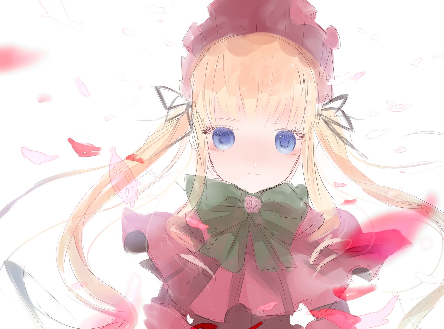 1girl bangs blonde_hair blue_eyes blush bonnet capelet closed_mouth dress eyebrows_visible_through_hair flower image long_hair looking_at_viewer petals red_capelet rose shinku solo striped tears twintails upper_body very_long_hair white_background