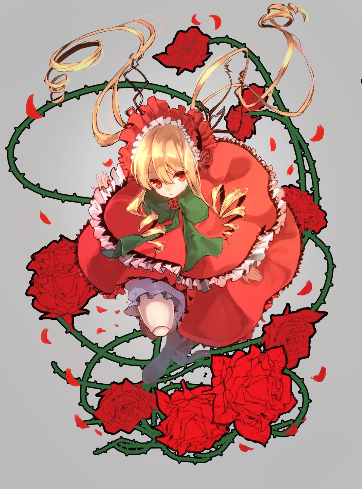 1girl blonde_hair capelet dress flower grey_background image long_hair looking_at_viewer petals plant red_eyes red_flower red_rose rose rose_petals shinku solo thorns vines