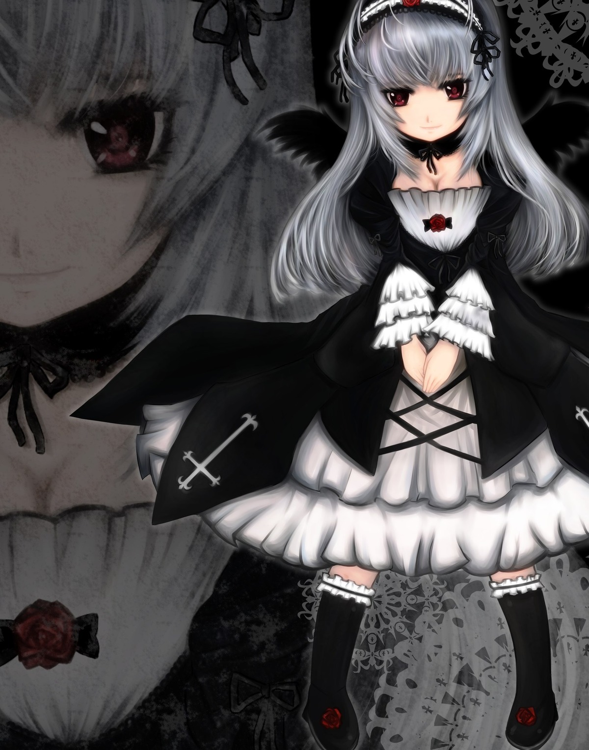 1girl black_wings dress flower frills hairband image lolita_fashion long_hair long_sleeves red_eyes red_flower red_rose rose silver_hair smile solo suigintou wings zoom_layer
