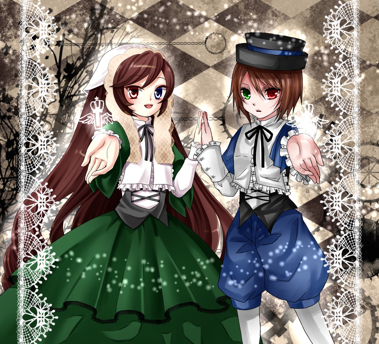 2girls argyle argyle_background brown_hair checkered checkered_background checkered_floor dress frills green_dress green_eyes hat heterochromia image long_hair long_sleeves looking_at_viewer multiple_girls open_mouth outstretched_arm outstretched_hand pair pantyhose red_eyes short_hair siblings sisters souseiseki suiseiseki twins very_long_hair
