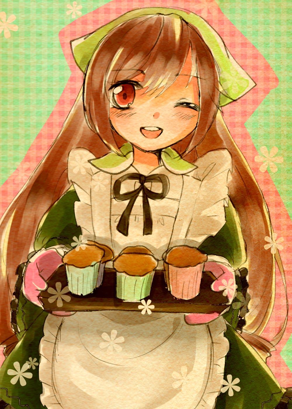 1girl apron blush brown_eyes brown_hair head_scarf image long_hair one_eye_closed open_mouth oven_mitts smile solo suiseiseki