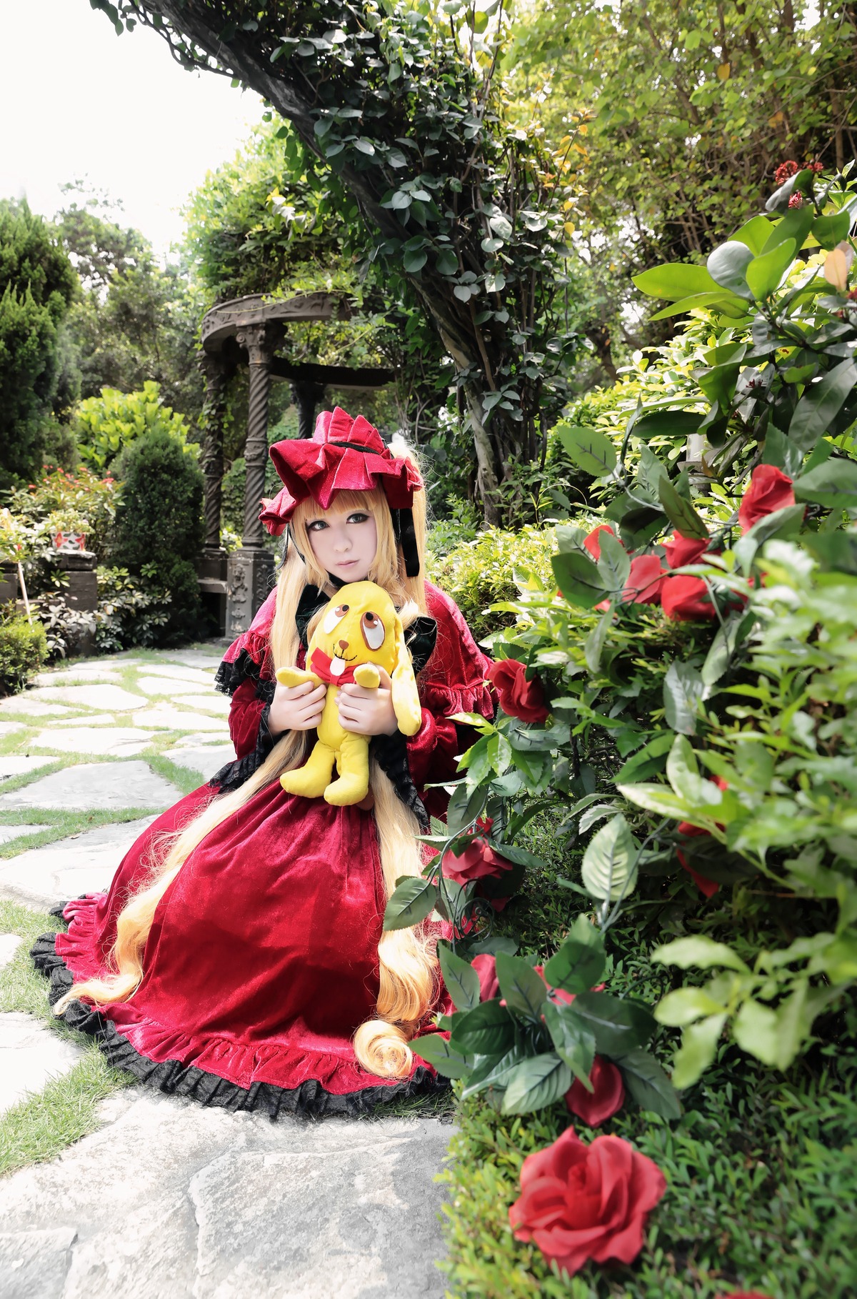 1girl blue_eyes brown_hair dress flower gen_1_pokemon hat holding pokemon_(creature) red_flower red_rose rose shinku smile solo traditional_media tree