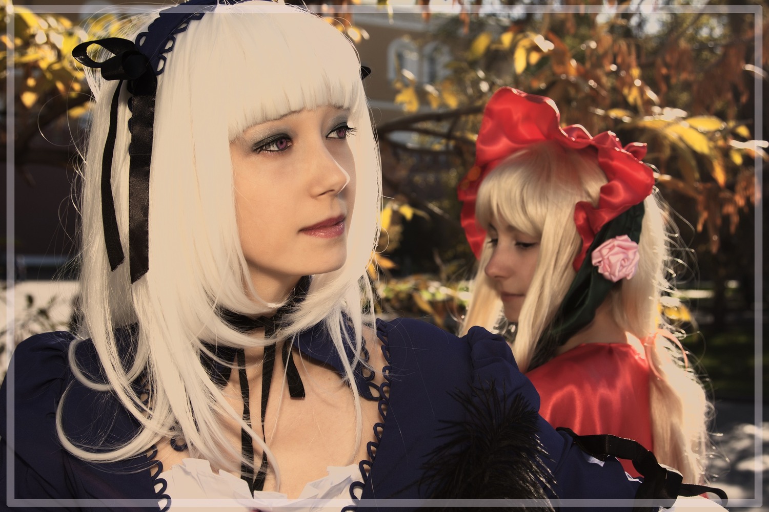 2girls bangs blonde_hair blunt_bangs blurry blurry_background bow depth_of_field flower hair_ornament lace lips lolita_hairband long_hair multiple_cosplay multiple_girls photo ribbon rose tagme white_hair