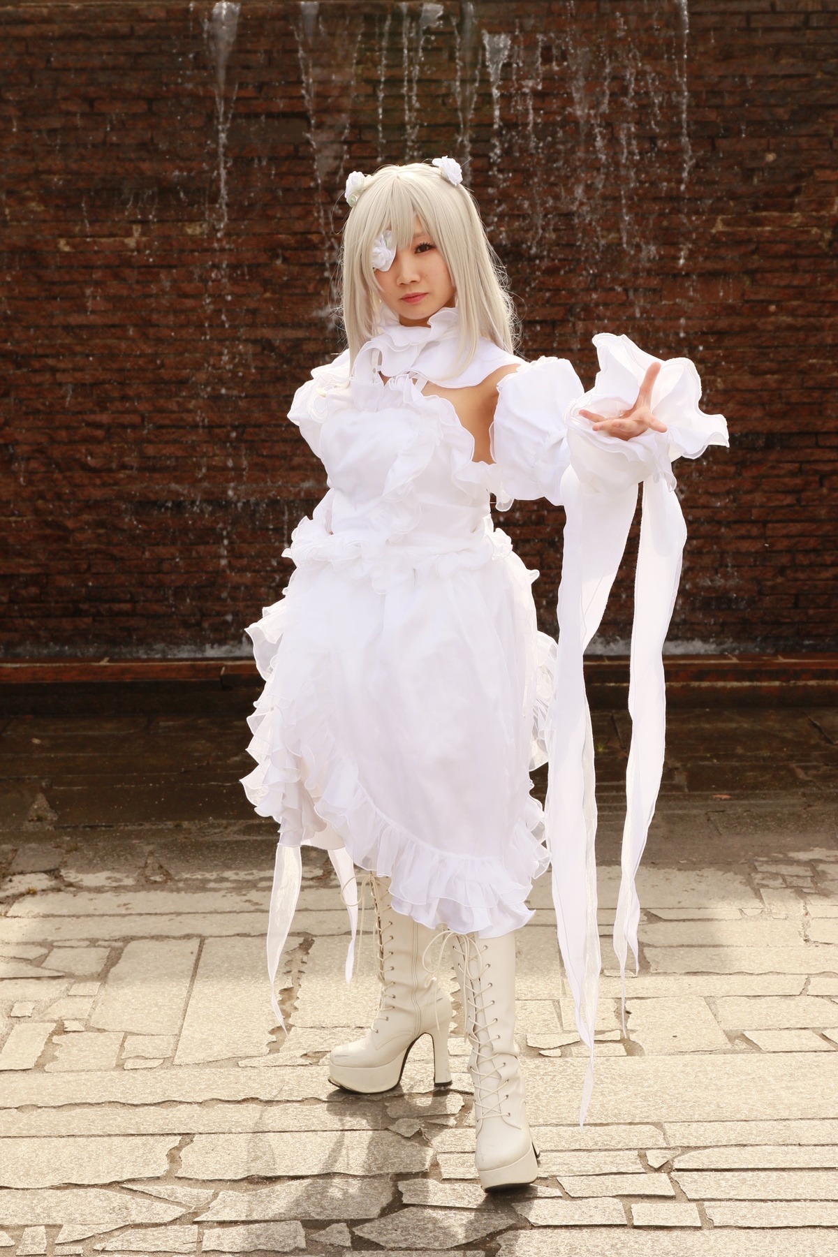 1girl animal_ears closed_eyes dress high_heels kirakishou lips solo standing white_dress white_legwear