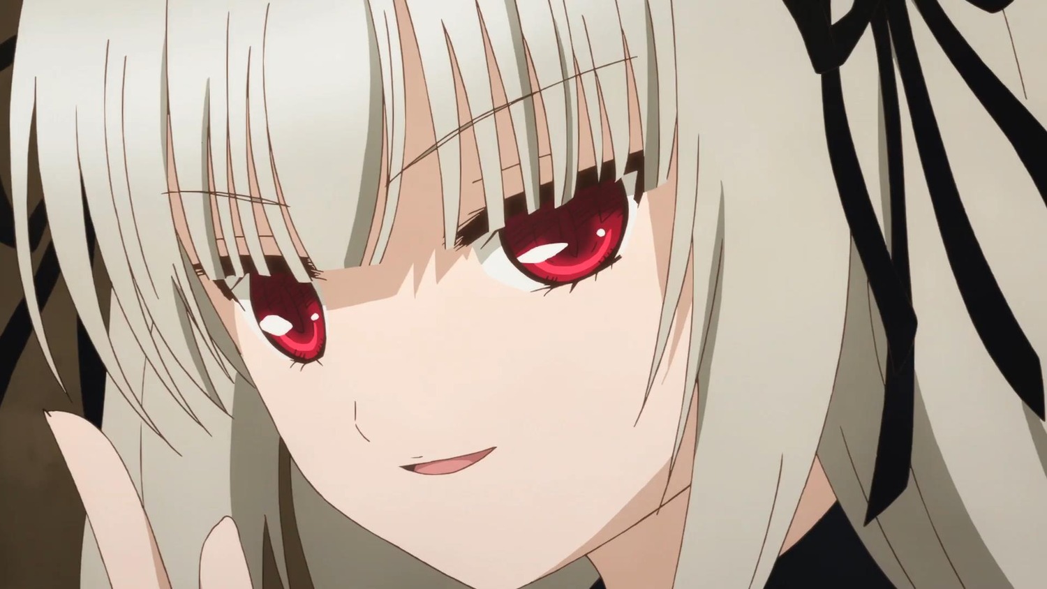 1girl bangs close-up eyebrows_visible_through_hair face image looking_at_viewer open_mouth red_eyes ribbon simple_background smile solo suigintou