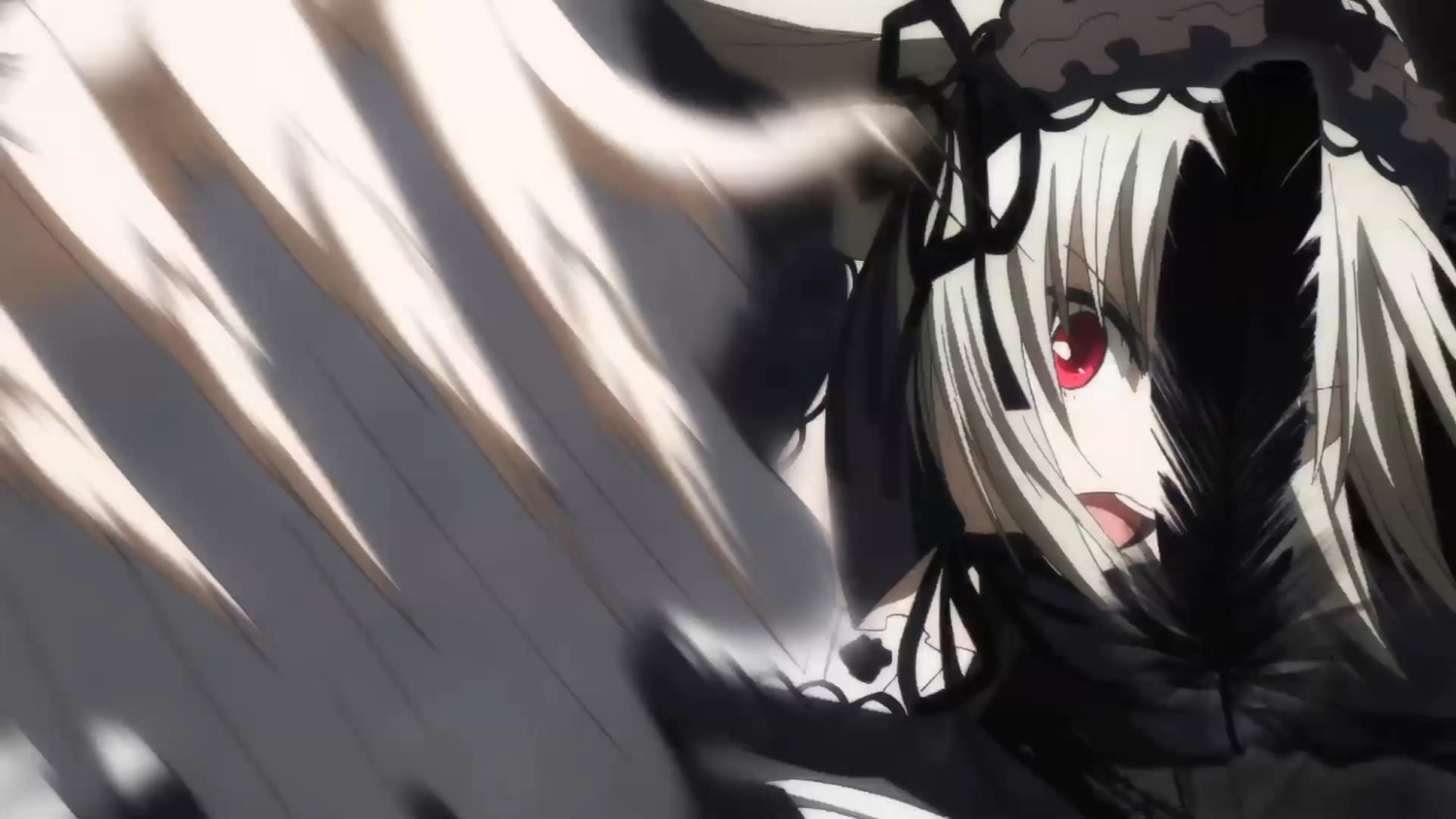 1girl bangs black_ribbon dress image long_hair looking_at_viewer open_mouth red_eyes ribbon solo suigintou