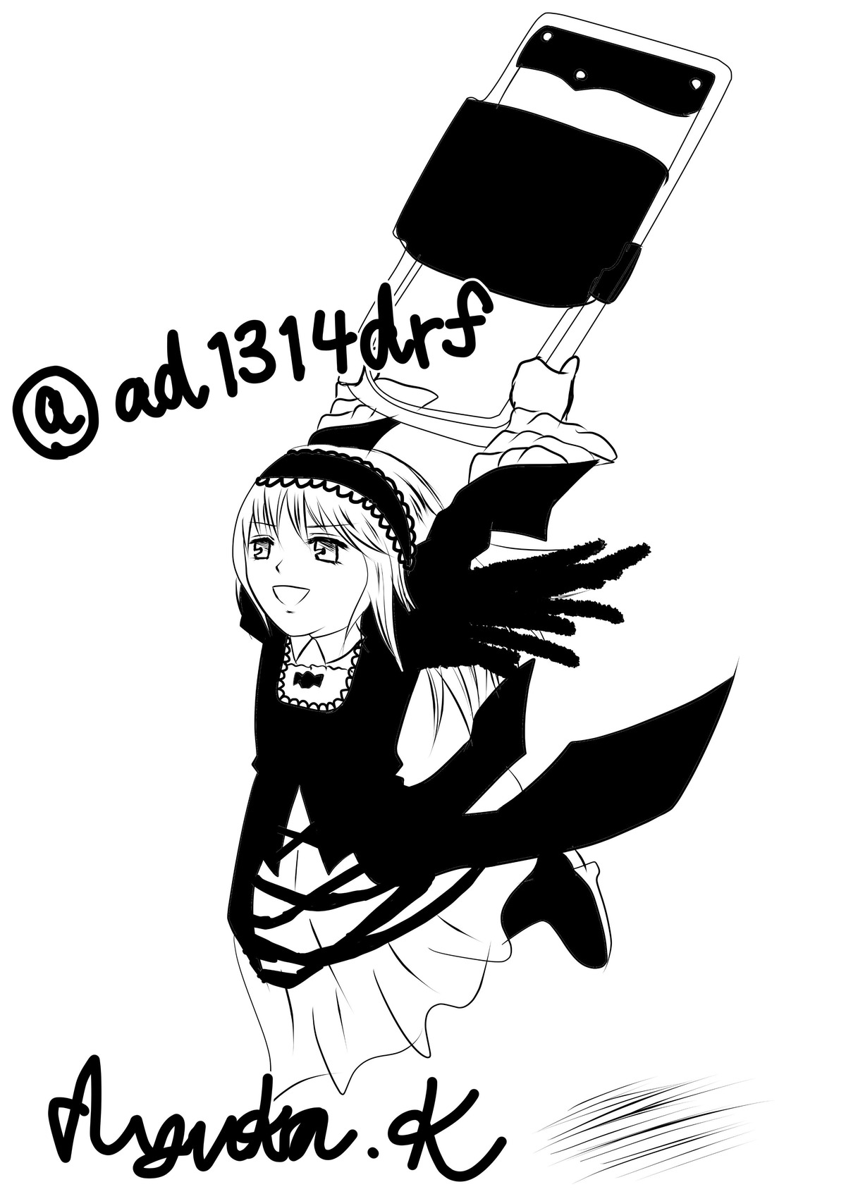 1girl :d black_wings dress frills greyscale hairband image lolita_hairband long_sleeves looking_at_viewer monochrome open_mouth smile solo striped suigintou white_background wings
