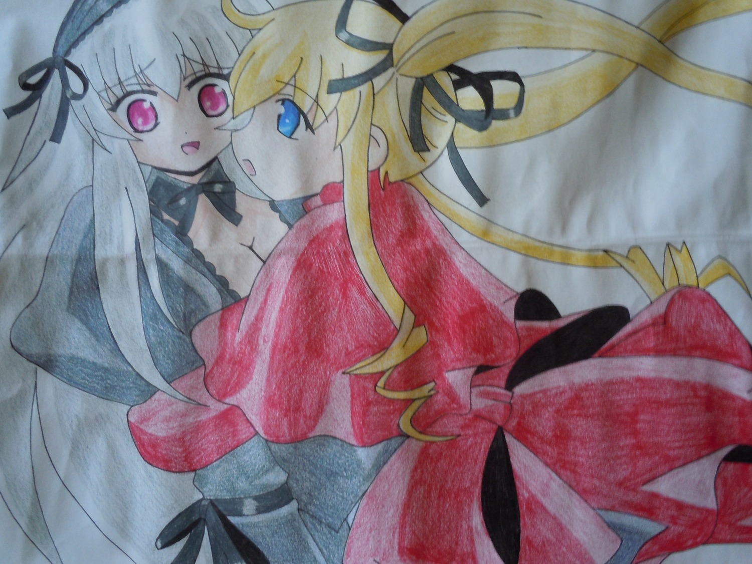 2girls auto_tagged black_ribbon blonde_hair blue_eyes dress hair_ribbon hairband hug image long_hair long_sleeves marker_(medium) millipen_(medium) multiple_girls pair ribbon shinku suigintou traditional_media twintails very_long_hair watercolor_(medium)