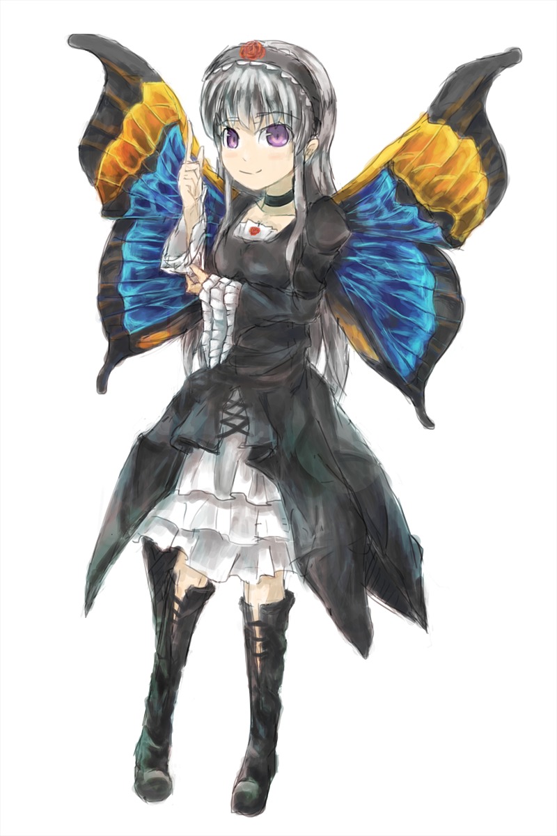 1girl boots butterfly_wings choker dress full_body image long_hair purple_eyes smile solo suigintou wings