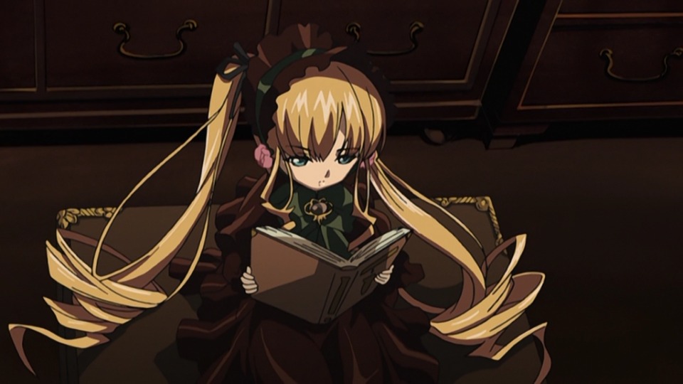 1girl blonde_hair blue_eyes book dress drill_hair image long_hair long_sleeves looking_at_viewer open_book shinku sitting solo twin_drills twintails very_long_hair