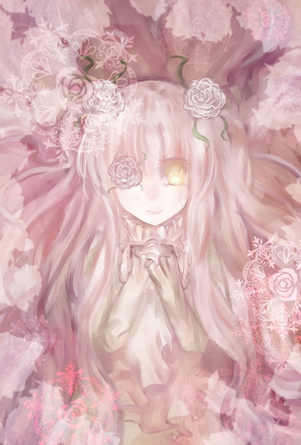 1girl dress flower frills hair_flower hair_ornament image kirakishou lace long_hair pink_hair pink_theme rose smile solo thorns very_long_hair vines white_flower white_rose yellow_eyes