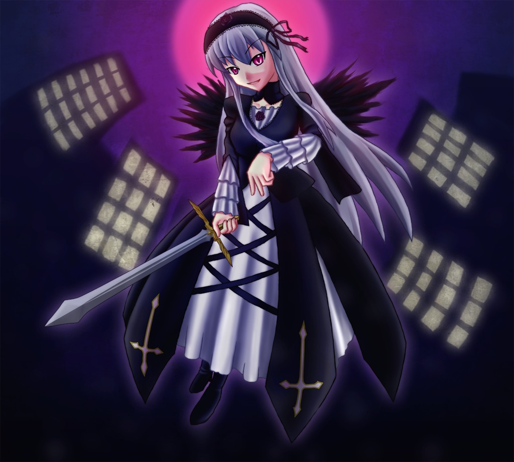 1girl black_dress building city cross dress floating frills full_body full_moon hairband holding holding_weapon image long_hair long_sleeves looking_at_viewer moon night pink_eyes silver_hair solo suigintou sword weapon wings