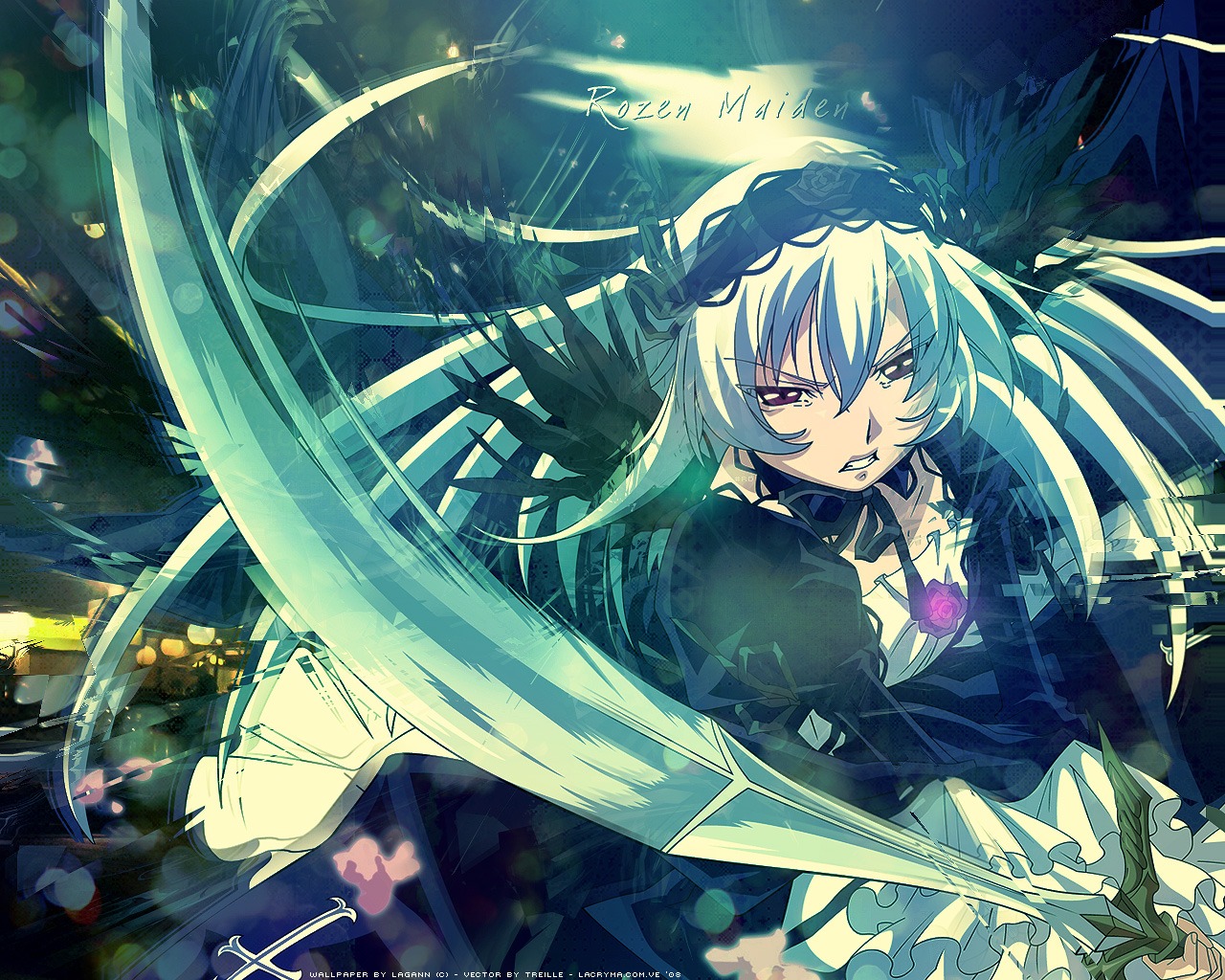 1girl black_dress black_ribbon black_wings dress floating_hair flower frills hairband image long_hair long_sleeves looking_at_viewer ribbon rose silver_hair solo suigintou very_long_hair wings