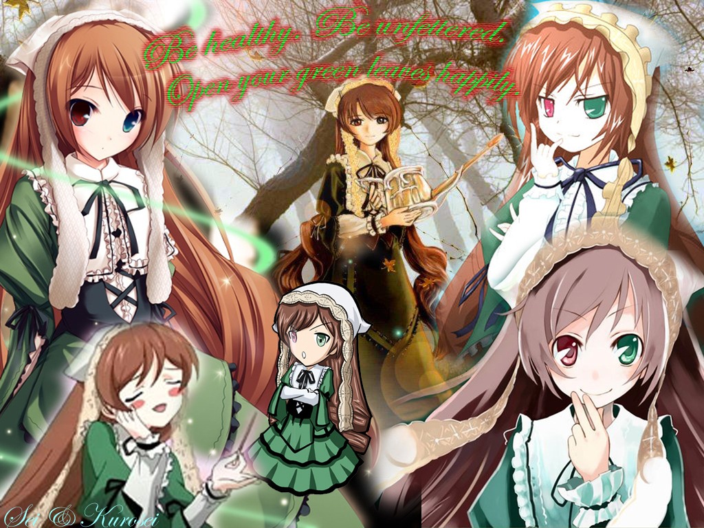 1girl :d blush brown_hair closed_eyes dress frills green_dress hat head_scarf heterochromia image long_hair long_sleeves looking_at_viewer open_mouth red_eyes smile solo suiseiseki twintails very_long_hair watering_can