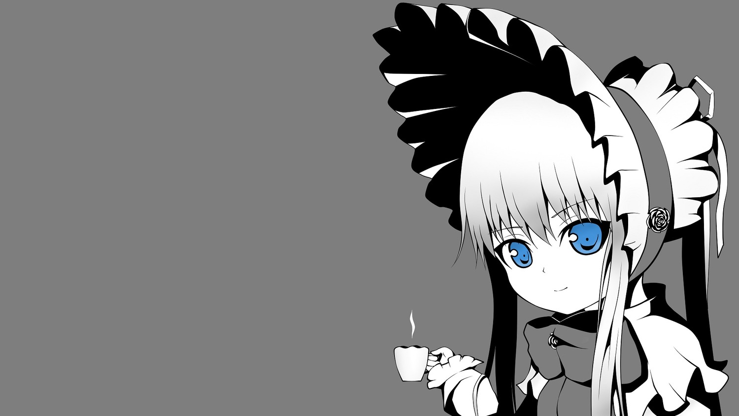 1girl blue_eyes bonnet cup grey_background hat image long_hair looking_at_viewer shinku sidelocks simple_background smile solo teacup upper_body