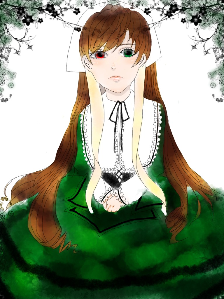 1girl brown_hair dress green_dress green_eyes heterochromia image long_hair long_sleeves looking_at_viewer red_eyes solo suiseiseki very_long_hair