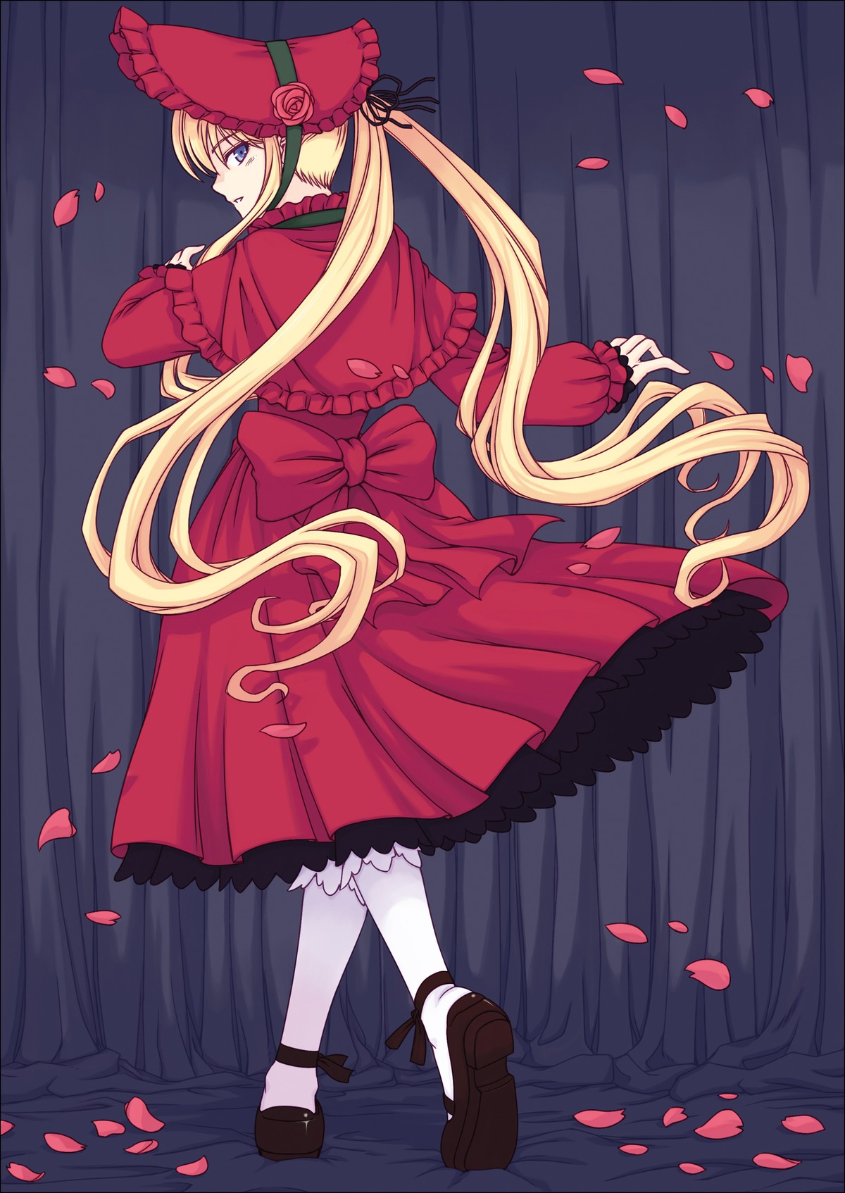 1girl absurdres blonde_hair blue_eyes bonnet bow capelet cherry_blossoms commentary_request curtains dress flower hat highres image long_hair long_sleeves looking_back orebalgum pantyhose petals rose_petals rozen_maiden shinku shoes smile solo twintails very_long_hair white_legwear