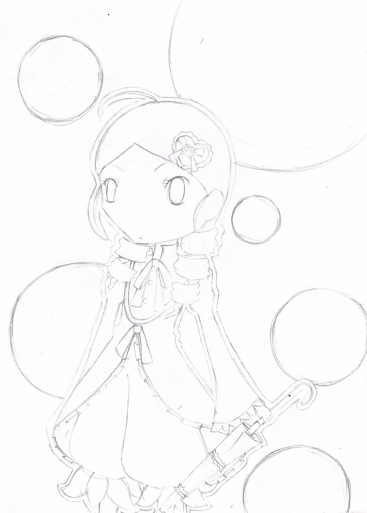 1girl ball balloon blank_speech_bubble dress drill_hair flower full_moon greyscale hair_ornament image kanaria long_sleeves monochrome moon open_mouth ringlets solo standing sun twin_drills