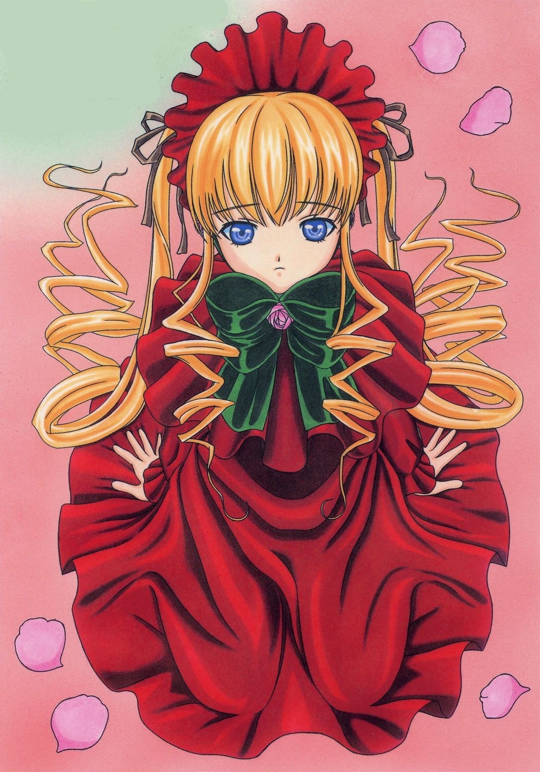 1girl blonde_hair blue_eyes bonnet bow bowtie dress drill_hair flower full_body green_bow green_neckwear image long_hair long_sleeves looking_at_viewer petals pink_flower red_dress rose shinku sitting solo twintails