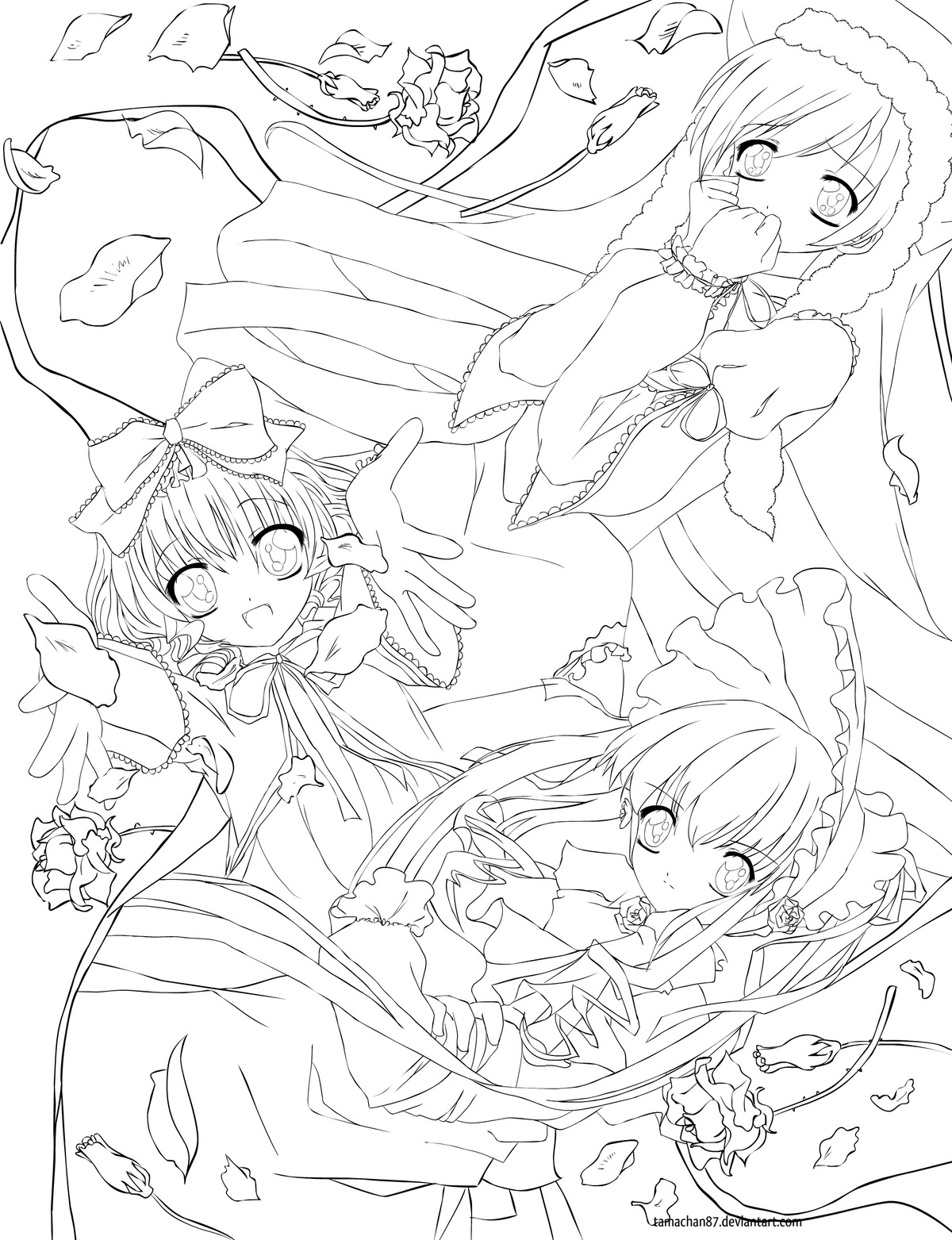 3girls blush bow dress feathers frills greyscale hat image lineart long_hair long_sleeves looking_at_viewer monochrome multiple multiple_girls outstretched_arm smile tagme