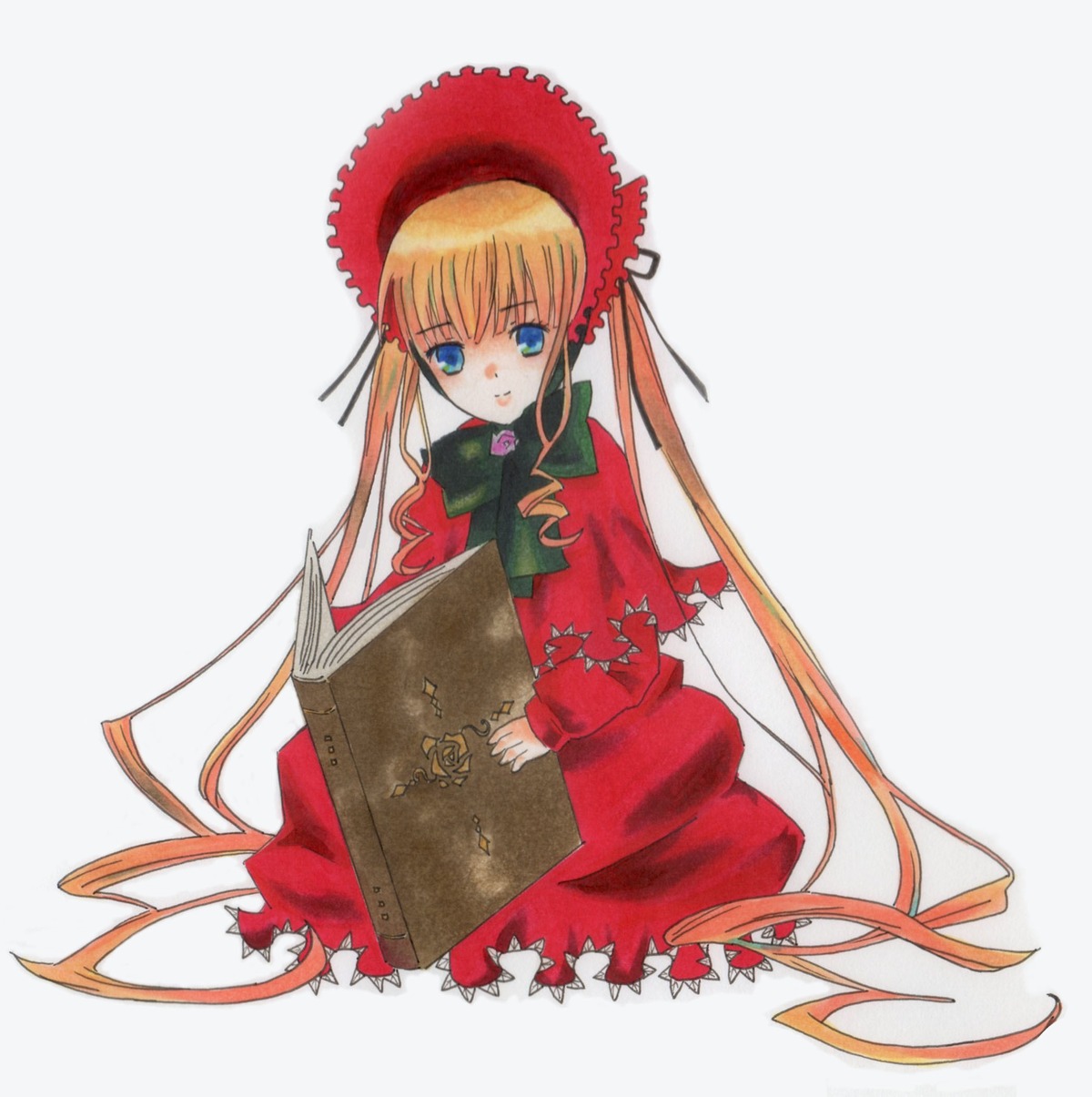 1girl blonde_hair blue_eyes bonnet book bow bowtie capelet dress full_body green_bow image long_hair long_sleeves looking_at_viewer red_dress shinku sidelocks simple_background sitting solo twintails very_long_hair
