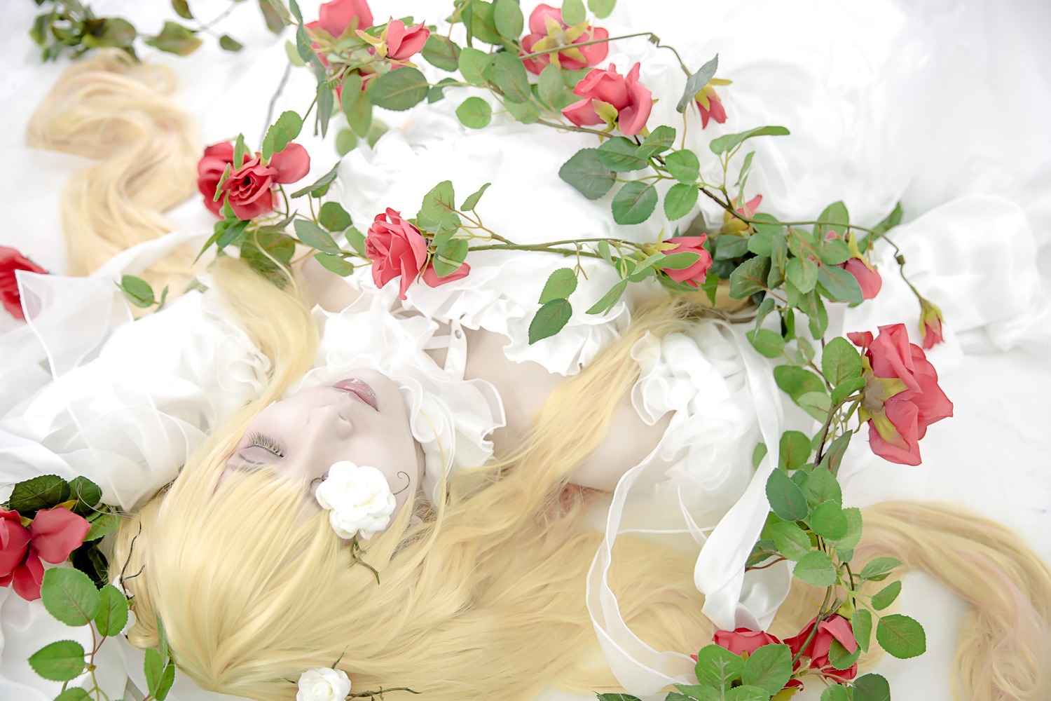 1girl blonde_hair closed_eyes flower kirakishou leaf lips long_hair plant red_flower red_rose rose solo