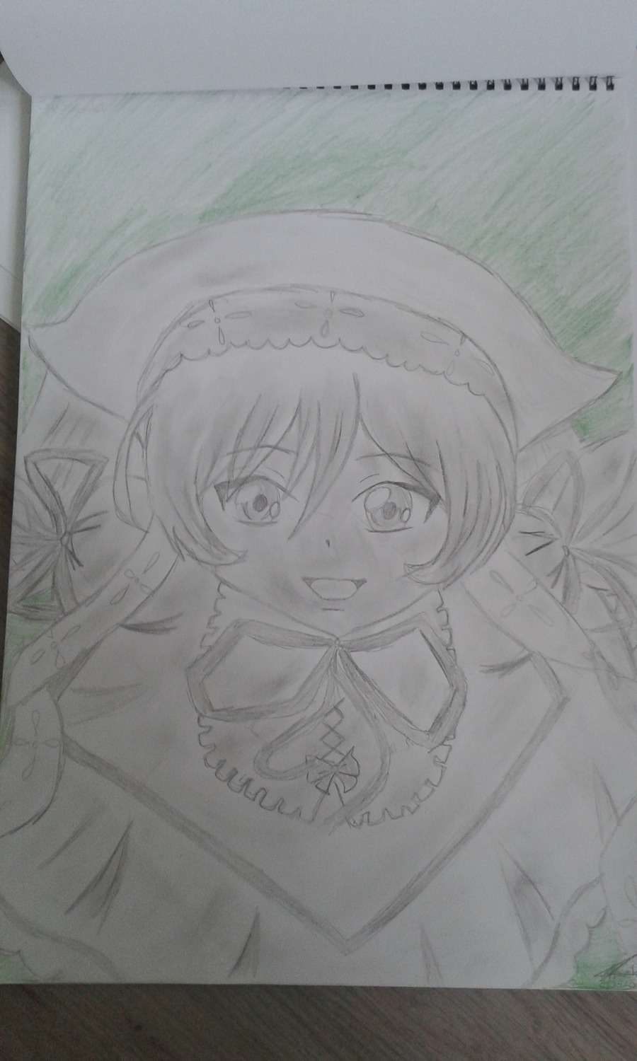 1girl :d bangs blush dress eyebrows_visible_through_hair hair_between_eyes image looking_at_viewer monochrome open_mouth smile solo suiseiseki traditional_media