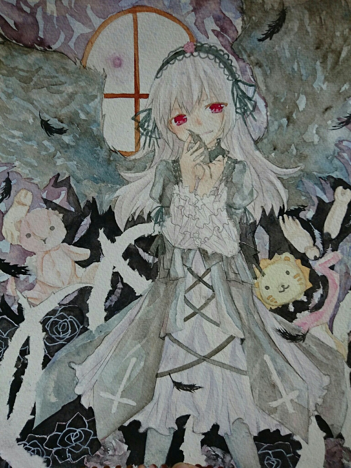 1girl black_flower black_rose black_wings dress feathers flower frills hairband image lolita_hairband long_hair long_sleeves looking_at_viewer red_eyes rose solo suigintou traditional_media watercolor_(medium) wings