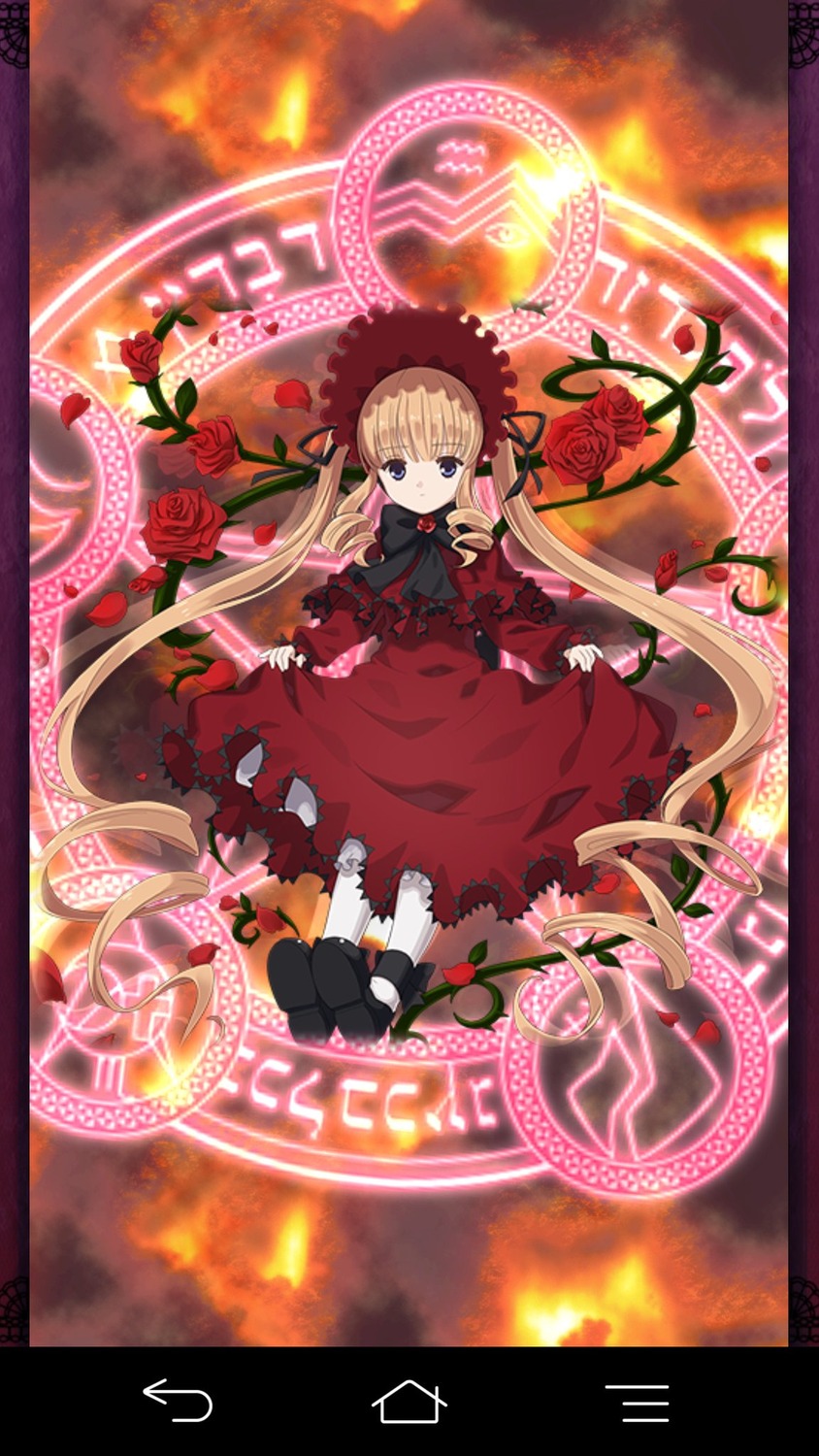 1girl blonde_hair blue_eyes bonnet bow bowtie dress flower image long_hair looking_at_viewer magic_circle pink_flower pink_rose red_dress red_flower red_rose rose shinku shoes solo twintails very_long_hair