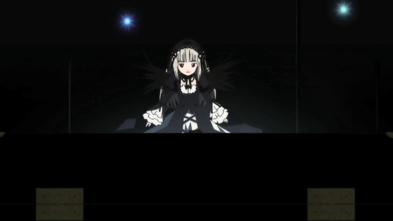 1girl bangs black_background black_dress dress flower frills hairband image lolita_fashion lolita_hairband long_sleeves looking_at_viewer puffy_sleeves red_eyes ribbon silver_hair solo suigintou