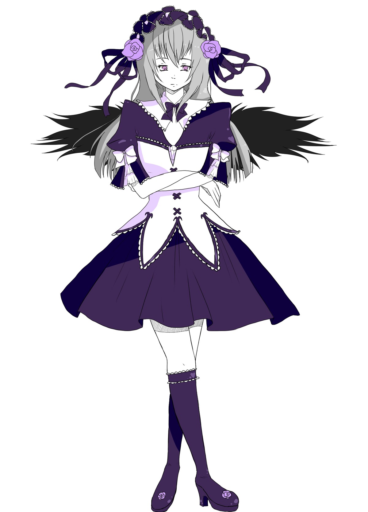 1girl black_wings boots dress flower hairband image knee_boots long_hair purple_eyes purple_flower purple_rose rose solo suigintou wings