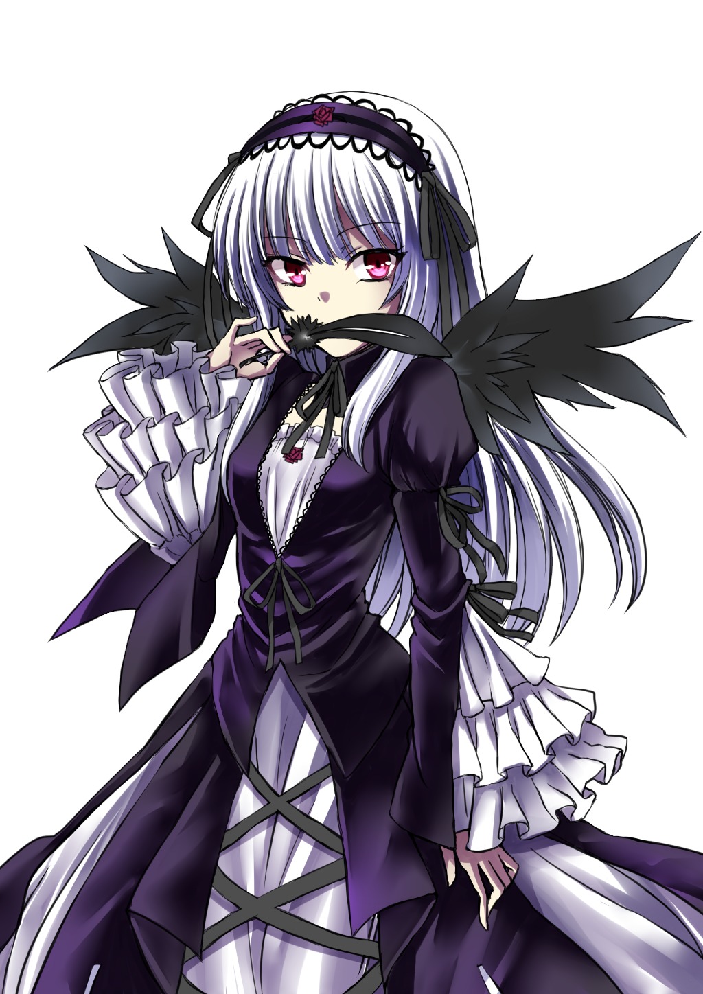 1girl black_wings cross-laced_clothes dress frilled_sleeves frills hairband juliet_sleeves long_hair long_sleeves looking_at_viewer pink_eyes ribbon silver_hair solo striped suigintou white_background wings