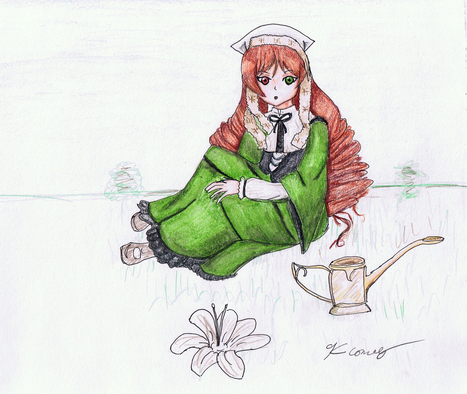 1girl brown_hair dress flower green_dress green_eyes heterochromia image long_hair long_sleeves looking_at_viewer red_eyes ribbon sitting solo suiseiseki very_long_hair watering_can