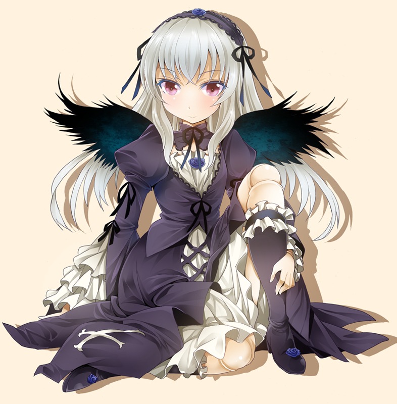 1girl black_wings blush boots dress frills hairband image juliet_sleeves knee_boots long_hair long_sleeves looking_at_viewer pink_eyes puffy_sleeves silver_hair sitting solo suigintou wings